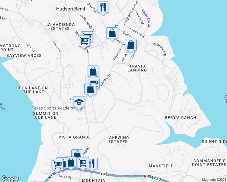 map of restaurants, bars, coffee shops, grocery stores, and more near 15325 McCormick Avenida Point in Austin