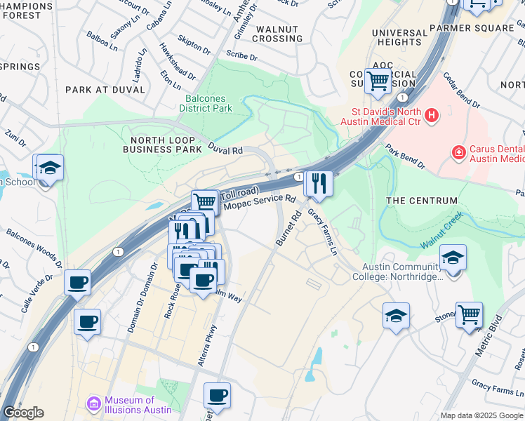 map of restaurants, bars, coffee shops, grocery stores, and more near 11921 North Mopac Expressway in Austin
