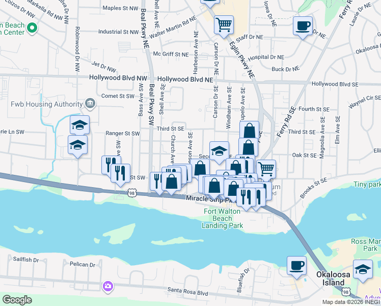 map of restaurants, bars, coffee shops, grocery stores, and more near in Fort Walton Beach