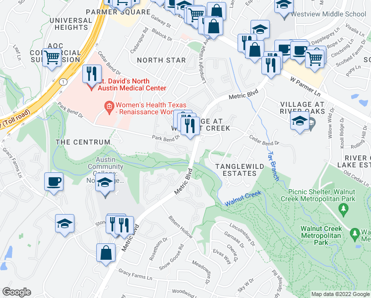 map of restaurants, bars, coffee shops, grocery stores, and more near 12166 Metric Boulevard in Austin