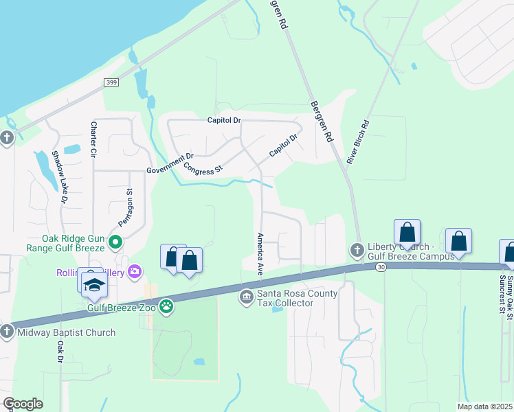 map of restaurants, bars, coffee shops, grocery stores, and more near 1955 America Ave in Gulf Breeze