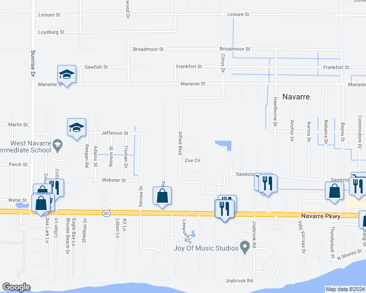 map of restaurants, bars, coffee shops, grocery stores, and more near 7200 Alden Circle in Navarre