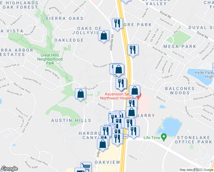 map of restaurants, bars, coffee shops, grocery stores, and more near 11100 Jollyville Road in Austin