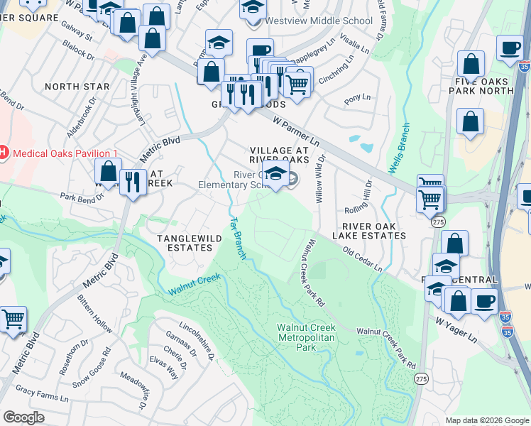 map of restaurants, bars, coffee shops, grocery stores, and more near 12301 Scofield Farms Drive in Austin