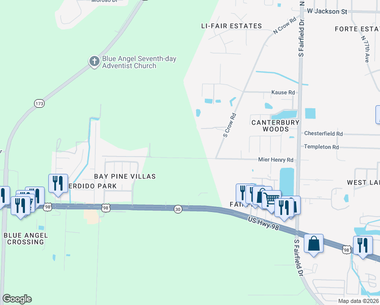 map of restaurants, bars, coffee shops, grocery stores, and more near 8440 Mier Henry Road in Pensacola