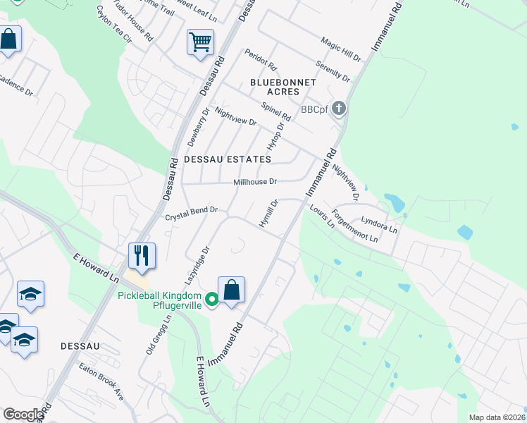 map of restaurants, bars, coffee shops, grocery stores, and more near 13905 Hymill Drive in Pflugerville
