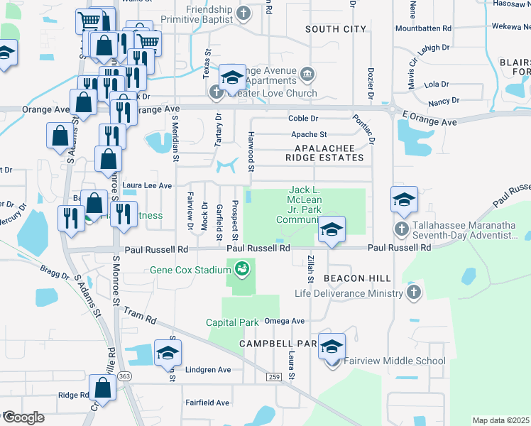 map of restaurants, bars, coffee shops, grocery stores, and more near 700 Paul Russell Road in Tallahassee