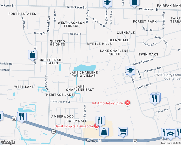 map of restaurants, bars, coffee shops, grocery stores, and more near 6360 Lake Charlene Lane in Pensacola