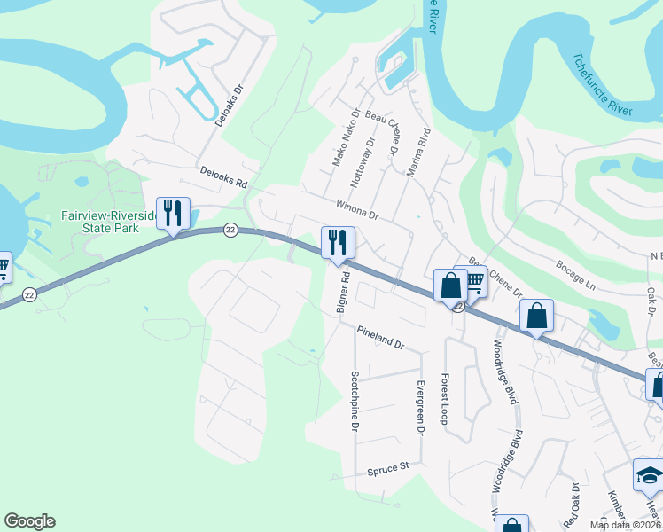 map of restaurants, bars, coffee shops, grocery stores, and more near 5410 Louisiana 22 in Mandeville