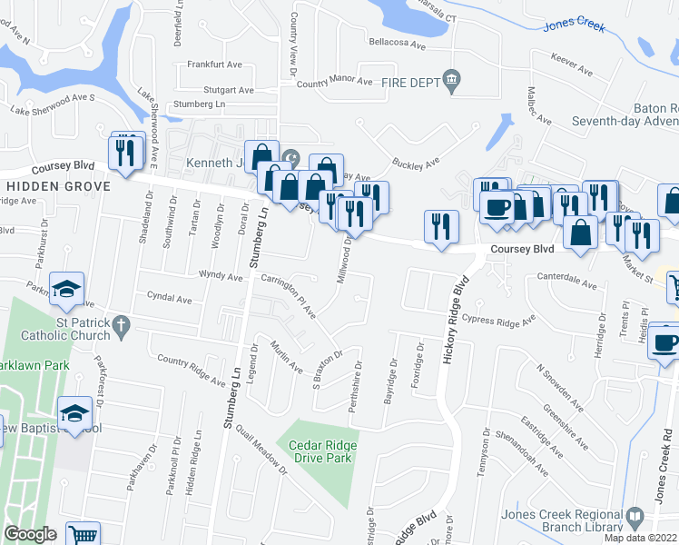 map of restaurants, bars, coffee shops, grocery stores, and more near 4800 Millwood Drive in Baton Rouge