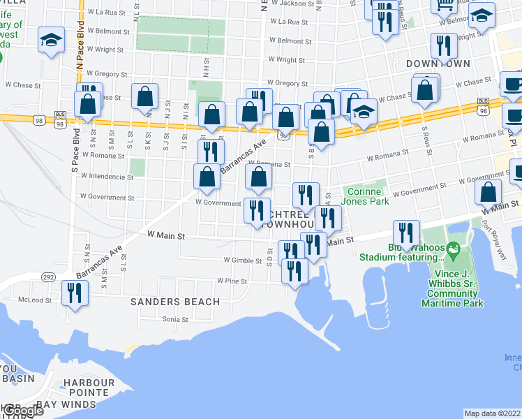 map of restaurants, bars, coffee shops, grocery stores, and more near 413 South E Street in Pensacola