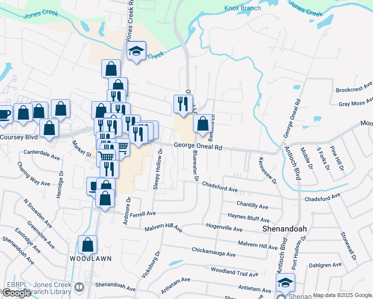 map of restaurants, bars, coffee shops, grocery stores, and more near 5005 Shenandoah Lane Place in Baton Rouge