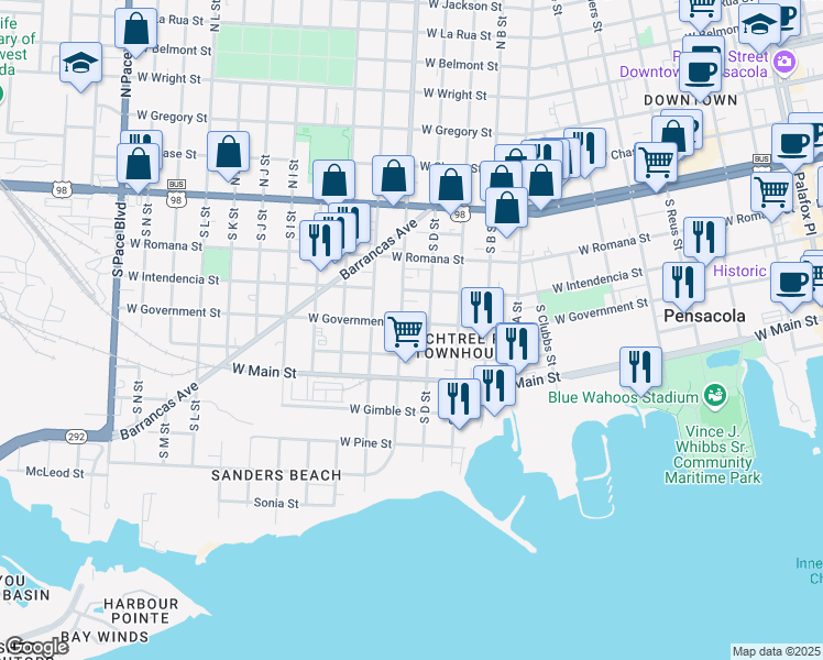 map of restaurants, bars, coffee shops, grocery stores, and more near 413 South E Street in Pensacola