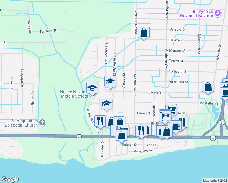 map of restaurants, bars, coffee shops, grocery stores, and more near 8029 Escola Street in Navarre