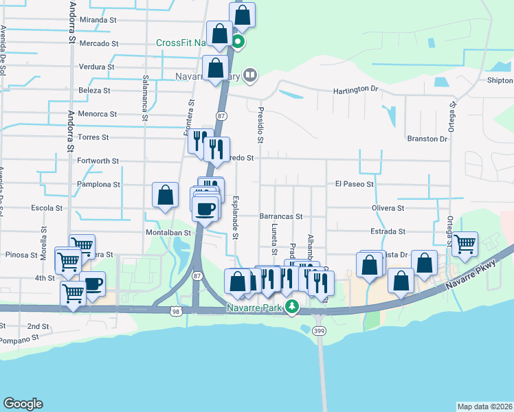 map of restaurants, bars, coffee shops, grocery stores, and more near 8477 Barrancas Street in Navarre