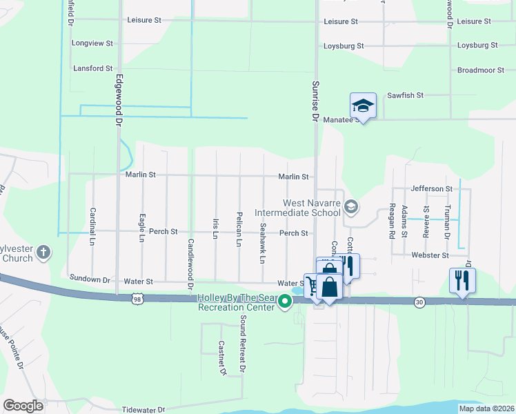 map of restaurants, bars, coffee shops, grocery stores, and more near 1914 Seahawk Lane in Navarre