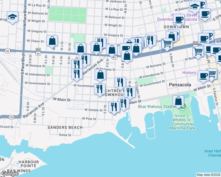map of restaurants, bars, coffee shops, grocery stores, and more near 1020 West Zarragossa Street in Pensacola