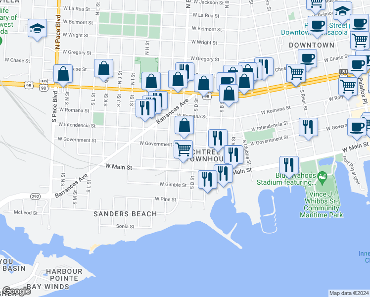 map of restaurants, bars, coffee shops, grocery stores, and more near 413 South E Street in Pensacola