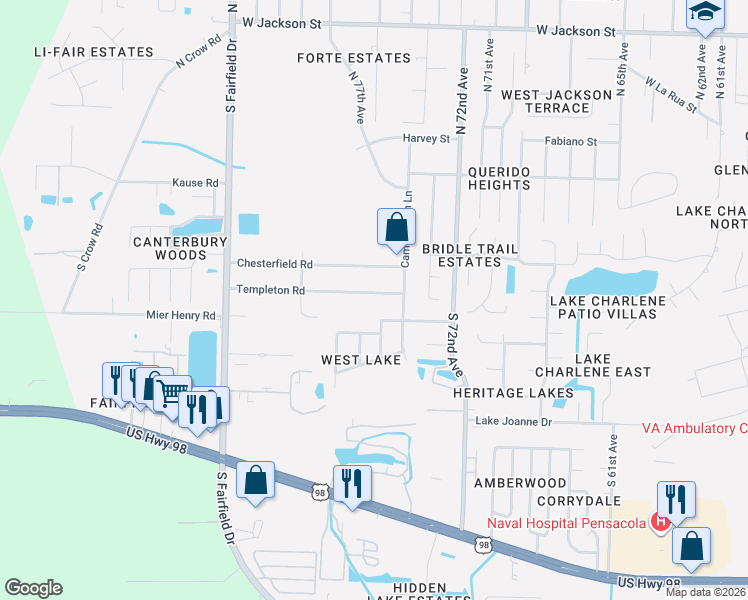 map of restaurants, bars, coffee shops, grocery stores, and more near 7408 Saint James Place in Pensacola