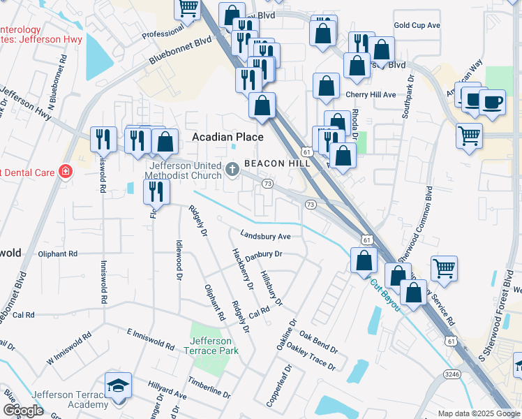 map of restaurants, bars, coffee shops, grocery stores, and more near 10436 Jefferson Highway in Baton Rouge