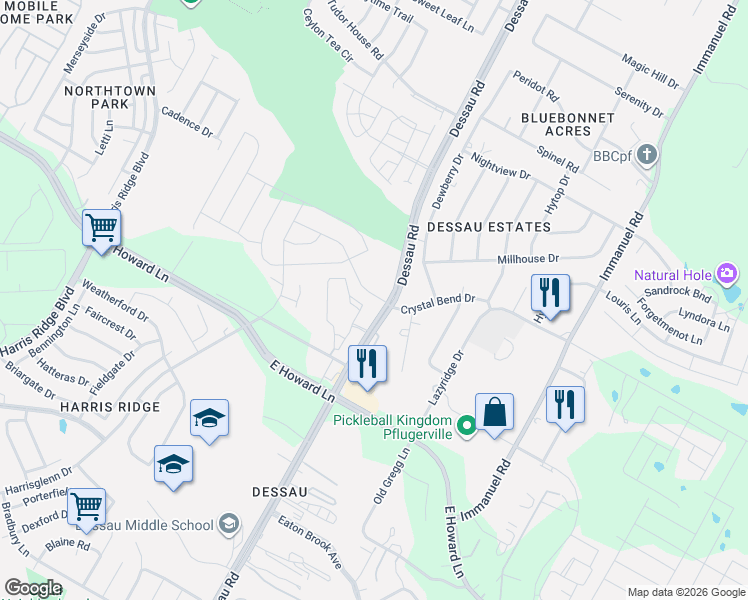 map of restaurants, bars, coffee shops, grocery stores, and more near 13601 Dessau Road in Austin