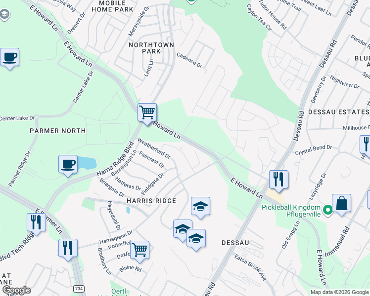 map of restaurants, bars, coffee shops, grocery stores, and more near 1300 Weatherford Drive in Austin