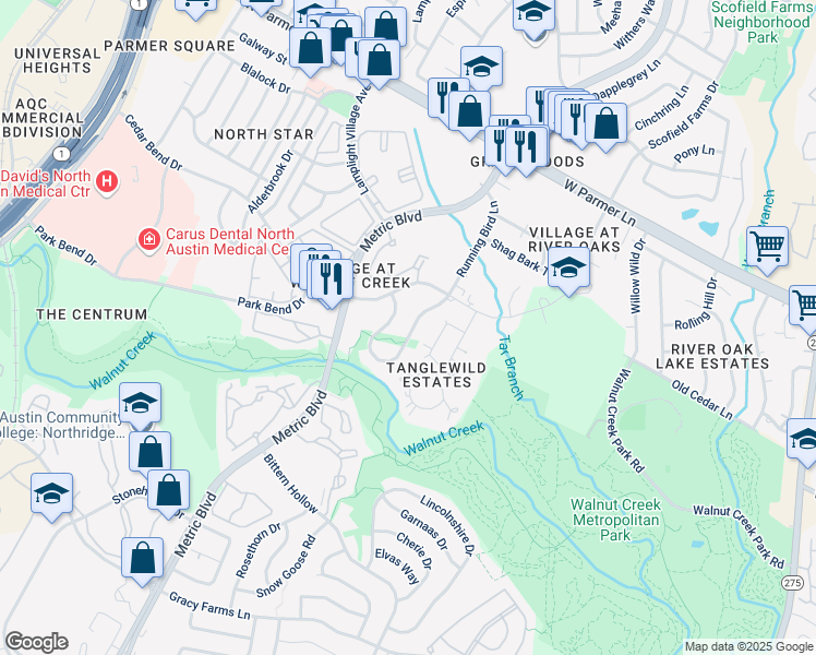 map of restaurants, bars, coffee shops, grocery stores, and more near 12214 Running Bird Lane in Austin
