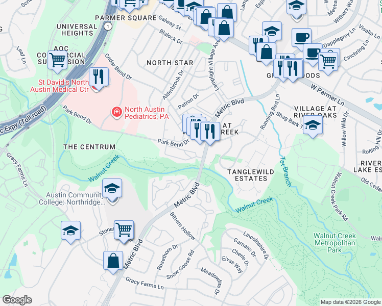 map of restaurants, bars, coffee shops, grocery stores, and more near 12166 Metric Boulevard in Austin