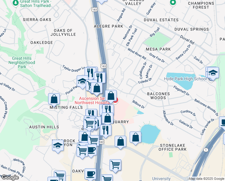 map of restaurants, bars, coffee shops, grocery stores, and more near 11149 Research Boulevard in Austin