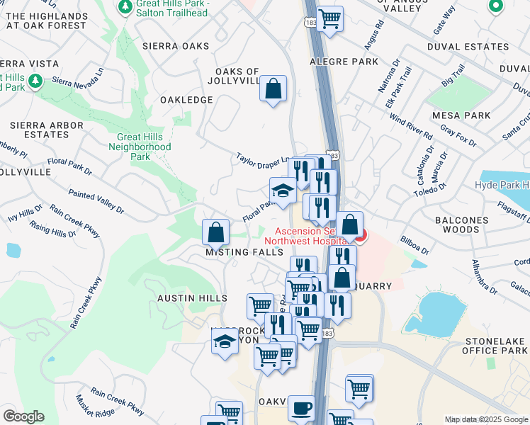 map of restaurants, bars, coffee shops, grocery stores, and more near 11100 Jollyville Road in Austin
