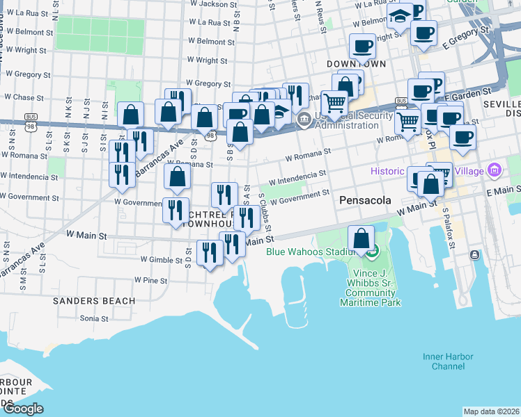 map of restaurants, bars, coffee shops, grocery stores, and more near 702 West Zarragossa Street in Pensacola