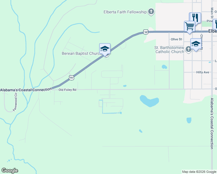 map of restaurants, bars, coffee shops, grocery stores, and more near Porches Boulevard in Elberta
