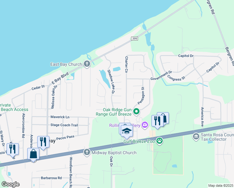 map of restaurants, bars, coffee shops, grocery stores, and more near 5574 Meadow Creek Place in Gulf Breeze