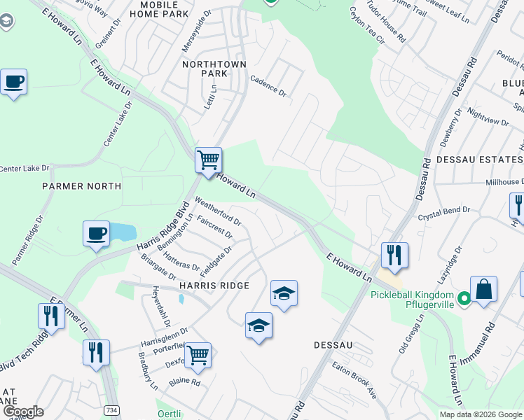 map of restaurants, bars, coffee shops, grocery stores, and more near 1300 Weatherford Drive in Austin