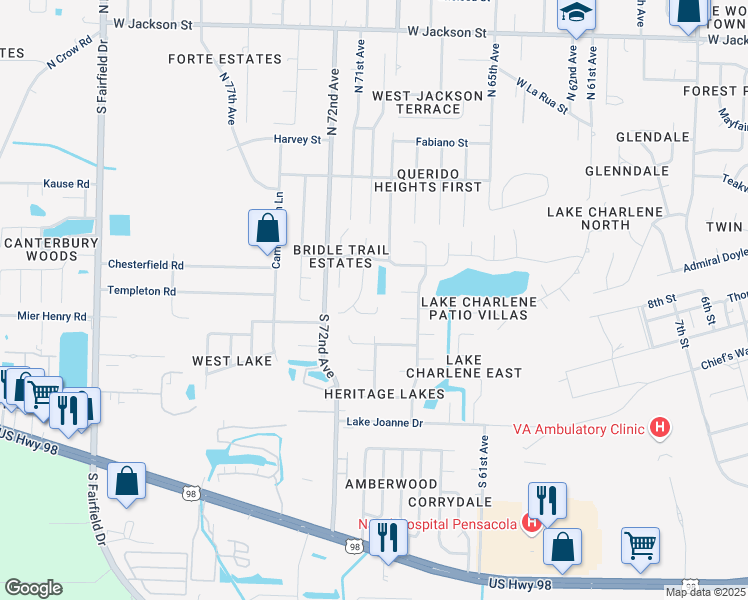 map of restaurants, bars, coffee shops, grocery stores, and more near 344 Arabian Circle in Pensacola