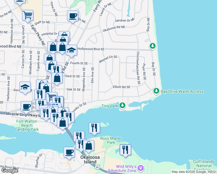 map of restaurants, bars, coffee shops, grocery stores, and more near 314 Elliott Road Southeast in Fort Walton Beach
