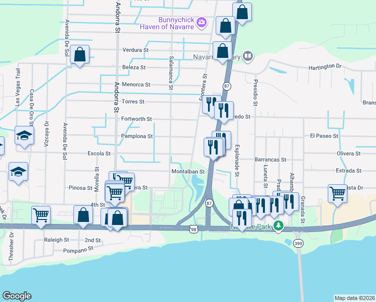 map of restaurants, bars, coffee shops, grocery stores, and more near 1909 Frontera Street in Navarre