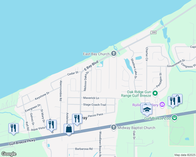 map of restaurants, bars, coffee shops, grocery stores, and more near 1745 Bay Pine Circle in Gulf Breeze