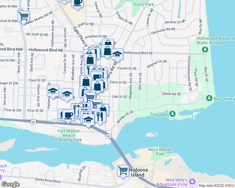 map of restaurants, bars, coffee shops, grocery stores, and more near 118 Alder Avenue Southeast in Fort Walton Beach