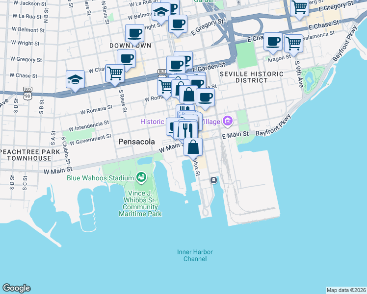 map of restaurants, bars, coffee shops, grocery stores, and more near 404 South Palafox Street in Pensacola
