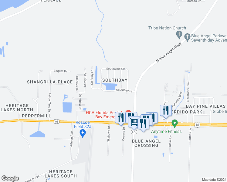 map of restaurants, bars, coffee shops, grocery stores, and more near 1818 Southbay Drive in Pensacola