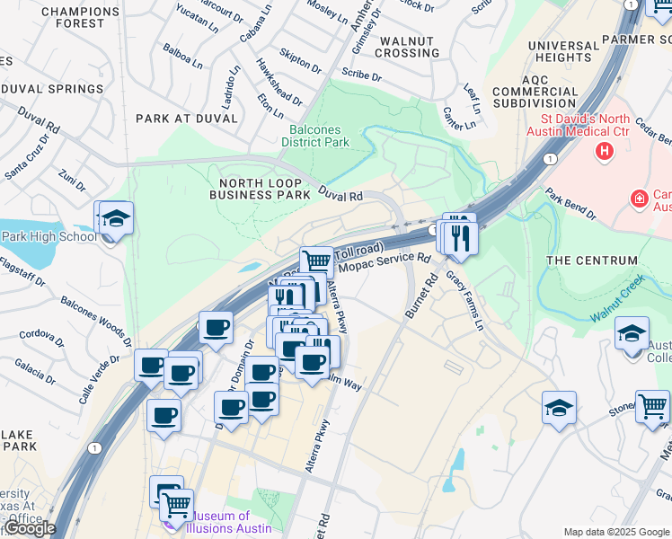map of restaurants, bars, coffee shops, grocery stores, and more near 11921 N Mopac Expy in Austin