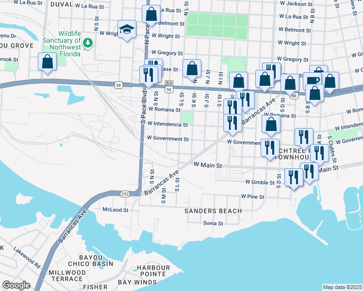 map of restaurants, bars, coffee shops, grocery stores, and more near 408 South L Street in Pensacola