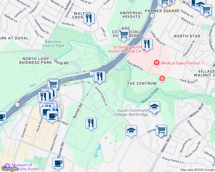 map of restaurants, bars, coffee shops, grocery stores, and more near 2700 Gracy Farms Lane in Austin