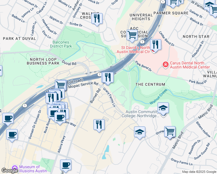 map of restaurants, bars, coffee shops, grocery stores, and more near 12001 North Mopac Expressway in Austin