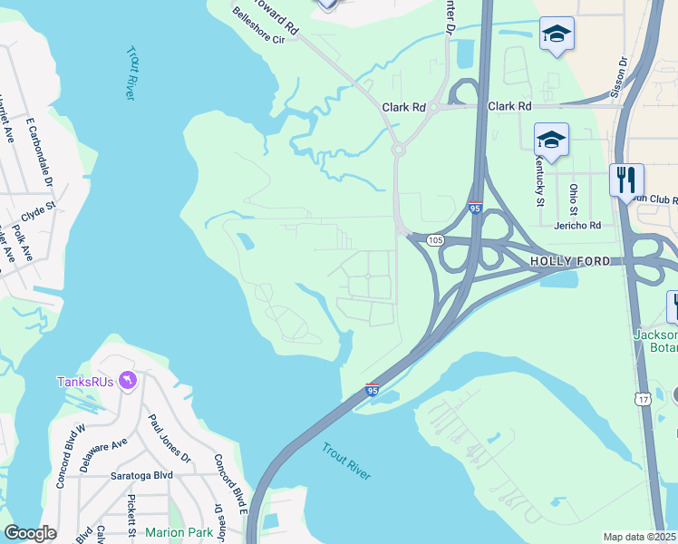 map of restaurants, bars, coffee shops, grocery stores, and more near 950 Broward Road in Jacksonville
