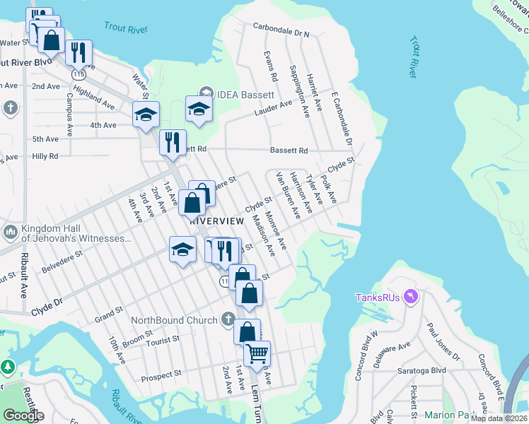 map of restaurants, bars, coffee shops, grocery stores, and more near 9104 Jackson Avenue in Jacksonville