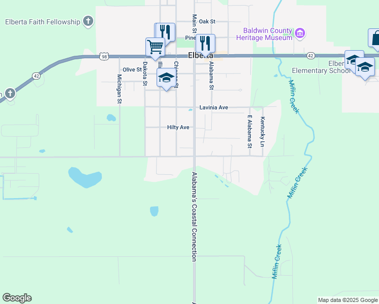 map of restaurants, bars, coffee shops, grocery stores, and more near 12551 Main St in Elberta