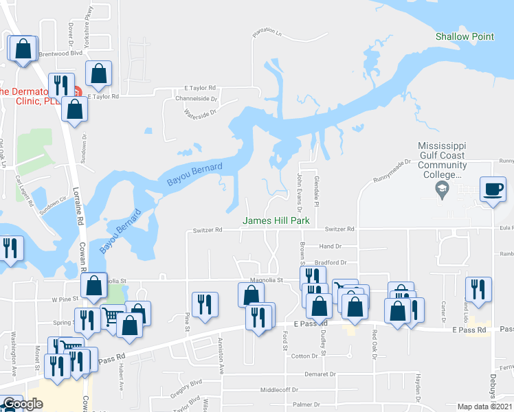 map of restaurants, bars, coffee shops, grocery stores, and more near 1900 Switzer Road in Gulfport
