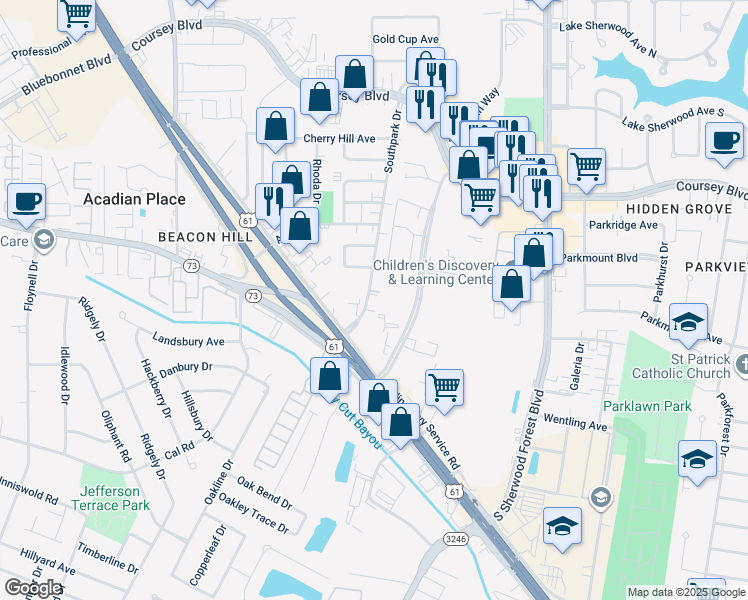 map of restaurants, bars, coffee shops, grocery stores, and more near 4679 Southpark Drive in Baton Rouge